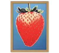 Artery8 A Single Strawberry Block Colour Artwork Red on Blue Bold Bright Minimalist Kitchen Decor Artwork Framed A3 Wall Art Print