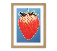 Artery8 A Single Strawberry Block Colour Artwork Red on Blue Bold Bright Minimalist Kitchen Decor Artwork Framed Wall Art Print 18X24 Inch