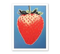 Artery8 A Single Strawberry Block Colour Artwork Red on Blue Bold Bright Minimalist Kitchen Decor Artwork Framed Wall Art Print 18X24 Inch