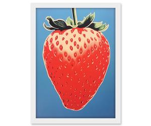 Artery8 A Single Strawberry Block Colour Artwork Red on Blue Bold Bright Minimalist Kitchen Decor Artwork Framed A3 Wall Art Print
