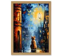 Artery8 A Street Cat Named Desire Palette Knife Oil Painting Ginger Cat Village Night Artwork Framed A3 Wall Art Print
