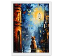 Artery8 A Street Cat Named Desire Palette Knife Oil Painting Ginger Cat Village Night Artwork Framed A3 Wall Art Print
