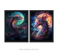 A4 Wall Art And Frame Set of 2 Dragon Moon Fantasy Mystical Serpent Artery8 Dark Blue A4