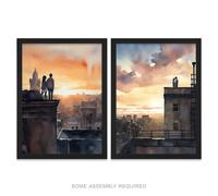 Artery8 Rooftop Romance Wall Art - Set of 2 A4 Sized Art with Black Frames - Watercolour Cityscape Bedroom Décor
