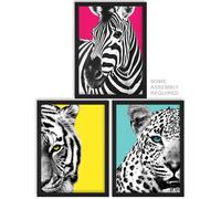 A4 Wall Art And Frame Set of 3 Bright Wild Animal Zebra Lion Leopard Artery8 Multi A4