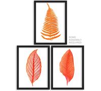 Artery8 Orange Plants Wall Art - Set of 3 A4 Sized Art with Black Frames - Elegant Fern Frond Tree Bright Orange Leaf Detailed Foliage Botanical