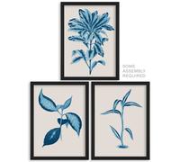 Artery8 Blue on Beige Plants Wall Art - Set of 3 A4 Sized Art with Black Frames - Modern Style Detailed Leafy Botanical