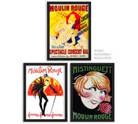 Artery8 Moulin Rouge Wall Art - Set of 3 A4 Sized Art with Black Frames - Burlesque Cabaret Girls Paris France Vintage Advertising