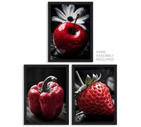 Artery8 Apple Pepper Strawberry Wall Art - Set of 3 A4 Sized Art with Black Frames - Red Black White Photograph Kitchen Décor