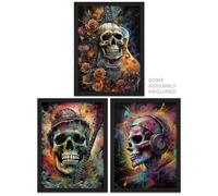 Artery8 Music Skulls Wall Art - Set of 3 A4 Sized Art with Black Frames - Thrash Metal Death Guitar Brutal Horror