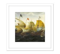 Artery8 Aart Battle Cadiz Dutch English Ships Painting 8X8 Inch Square Wooden Framed Wall Art Print Picture with Mount in White Artery8 White