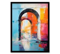 Artery8 Abstract Arches Vibrant Oil Painting Baby Blue Orange Pink Palette Knife Architecture Artwork Artwork Framed Wall Art Print A4