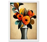 Artery8 Abstract Autumn Field Flower Bouquet Silver Vase Orange Artwork Framed Wall Art Print A4 in White Artery8 White