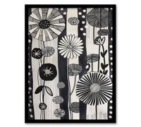 Artery8 Abstract Black White Wildflowers Stripes Artwork Framed Art Print in Grey | Size: A4 Artery8 Grey A4