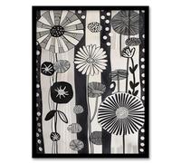 Artery8 Abstract Black White Wildflowers Stripes Artwork Living Room Art Print Framed Poster Wall Decor 12x16 inch