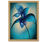 Artery8 Abstract Blue Orchid Floral Modern Artwork Framed Wall Art Print A4 in Light Oak Artery8 Light Oak