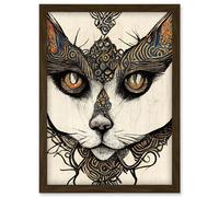 Artery8 Abstract Boho Cat Portrait Illustration Tribal Patterns Artwork Framed Wall Art Print A4 in Brown Artery8 Brown