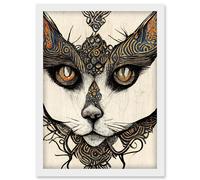Artery8 Abstract Boho Cat Portrait Illustration Tribal Patterns Artwork Framed Wall Art Print A4 in White Artery8 White