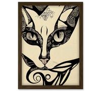 Artery8 Abstract Boho Portrait Cat Sketch Cat Tribal Intricate Artwork Framed Wall Art Print A4 in Brown Artery8 Brown