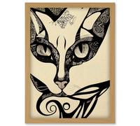 Artery8 Abstract Boho Portrait Cat Sketch Cat Tribal Intricate Artwork Framed Wall Art Print A4 in Light Oak Artery8 Light Oak