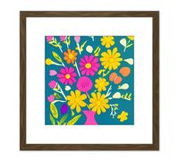 Artery8 Abstract Bouquet Pink Yellow Daisy Flowers On Ocean Blue Square Wooden Framed Wall Art Print Picture 8X8 Inch in Brown Artery8 Brown