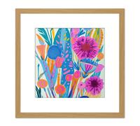 Artery8 Abstract Bright Floral Bold Flower Shapes Colourful Multicoloured Vibrant Painting Square Wooden Framed Wall Art Print Picture 8X8 Inch Artery8 Light Oak