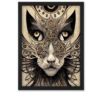 Artery8 Abstract Cat Face Close Up With Tribal Patterns Textured Mask Artwork Framed Wall Art Print A4 in Black Artery8 Black