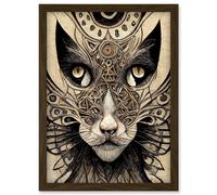 Abstract Cat Face Close Up With Tribal Patterns Textured Mask Artwork Framed Wall Art Print A4