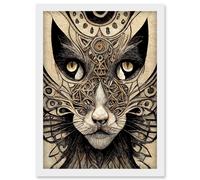 Abstract Cat Face Close Up With Tribal Patterns Textured Mask Artwork Framed Wall Art Print A4