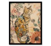 Artery8 Abstract Cat in Wildflowers Portrait Spring Living Room Artwork Framed Wall Art Print A4