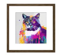 Artery8 Abstract Cat Vibrant Iridescent Colour Spray Drip Painting Square Wooden Framed Wall Art Print Picture 8X8 Inch in Brown Artery8 Brown