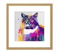 Artery8 Abstract Cat Vibrant Iridescent Colour Spray Drip Painting Square Wooden Framed Wall Art Print Picture 8X8 Inch in Light Oak Artery8 Light Oak