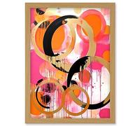Artery8 Abstract Circles Oil Painting Bright Pink Orange Gold Black Geometric Drip Paint Artwork Framed Wall Art Print A4