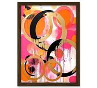 Artery8 Abstract Circles Oil Painting Bright Pink Orange Gold Black Geometric Drip Paint Artwork Framed A3 Wall Art Print