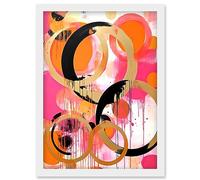Artery8 Abstract Circles Oil Painting Bright Pink Orange Gold Black Geometric Drip Paint Artwork Framed Wall Art Print A4