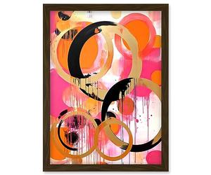 Artery8 Abstract Circles Oil Painting Bright Pink Orange Gold Black Geometric Drip Paint Artwork Framed Wall Art Print A4
