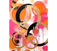 Artery8 Abstract Circles Oil Painting Bright Pink Orange Gold Black Geometric Drip Paint Large Wall Art Poster Print Thick Paper 18X24 Inch