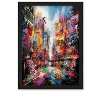 Artery8 Abstract City Street Modern Vibrant Cityscape Artwork Framed Wall Art Print A4