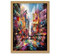 Abstract City Street Modern Vibrant Cityscape Artwork Framed Wall Art Print A4 Artery8 Light Oak One Size