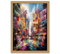 Abstract City Street Modern Vibrant Cityscape Artwork Framed Wall Art Print A4 Artery8 Light Oak One Size
