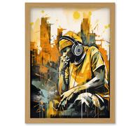 Abstract Cityscape Young Man Wearing Headphones Listening to Music Modern Watercolour Illustration Artwork Framed Wall Art Print A4 Artery8 Light Oak One Size