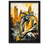 Abstract Cityscape Young Man Wearing Headphones Listening to Music Modern Watercolour Illustration Artwork Framed Wall Art Print A4 Artery8 Black One Size