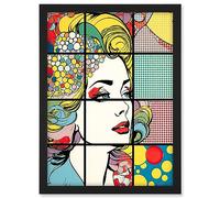 Artery8 Abstract Comic Book Style Bubbles Geometric Patterns and Woman Face Pop Art Halftone Artwork Framed A3 Wall Art Print