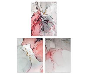 Artery8 Abstract Coral Grey Agate Stone Marble Set Of 3 Unframed Wall Art Prints Bedroom Bathroom Aesthetic Calm Pink 12X16 Inch