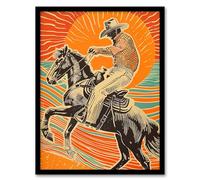 Artery8 Abstract Cowboy on Horse Sunset Western America Living Room Artwork Framed Wall Art Print A4