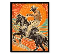 Abstract Cowboy on Horse Sunset Western America Framed Art Print Artery8 Orange A4