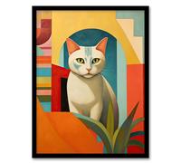 Artery8 Abstract Cubist Cat And Plant Feline Geometric Contemporary Artwork Artwork Framed Wall Art Print 18X24 Inch