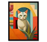 Artery8 Abstract Cubist Cat & Plant Feline Geometric Contemporary Artwork Art Print Framed Poster Wall Decor in Black | Size: A4 Artery8 Black A4
