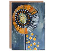 Artery8 Greeting Card Abstract Dandelion Orange Blue Floral Folk Art Blank For Him Or Her Art Birthday Card