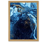 Artery8 Abstract Dark Blue Gold Flow Watercolour Modern Artwork Framed Wall Art Print A4 in Light Oak Artery8 Light Oak